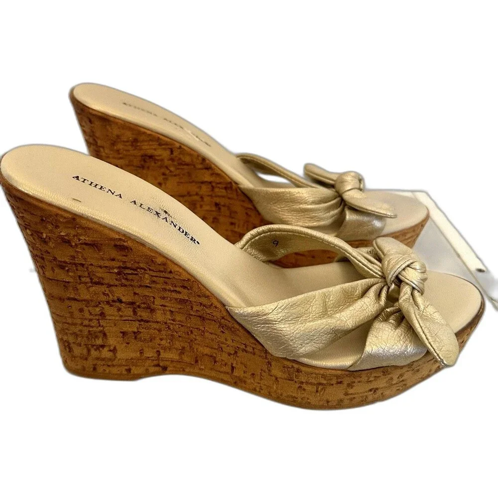 Athena Alexander Gold Cork Wedges Size 9 Shimmer Bow Holiday Metallic